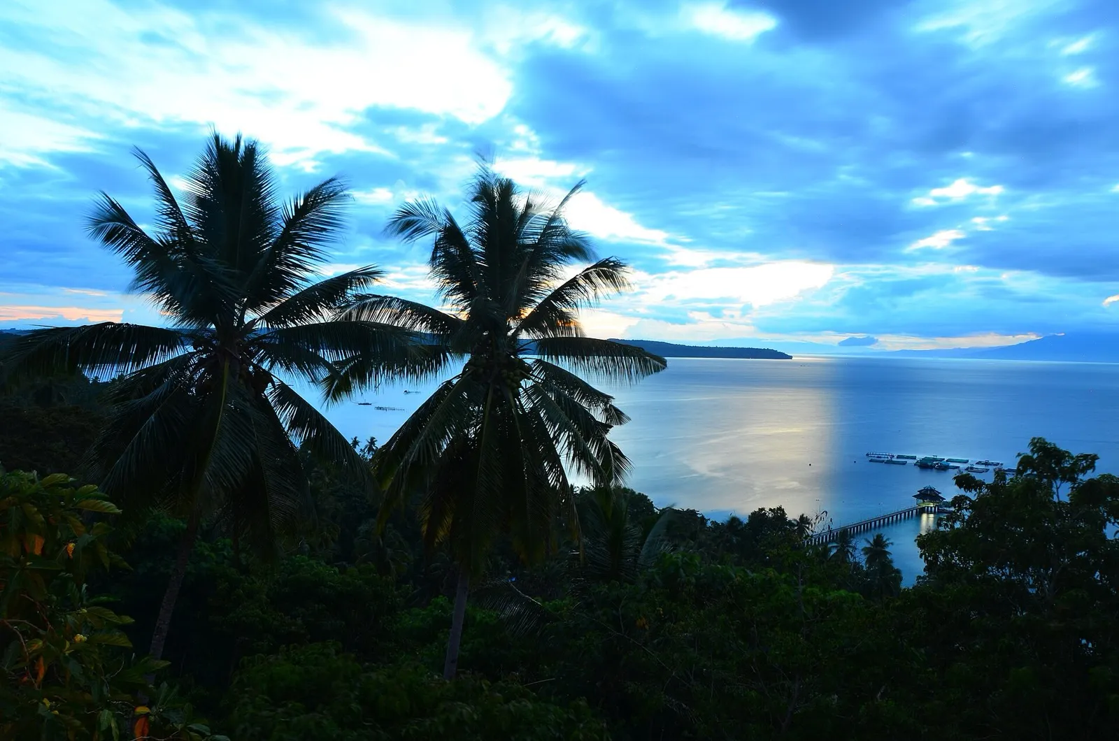Dusk on Samal Island, coconut palms framing a jetty and Talikud Island across the Davao Gulf